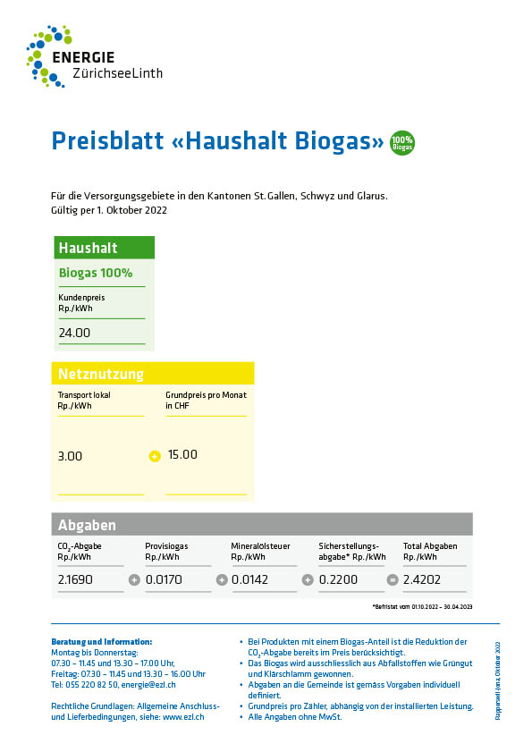 Preisblatt Haushalt Biogas