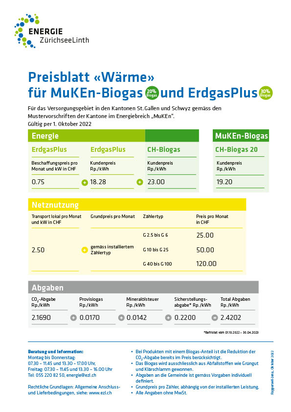 Preisblatt Wärme für CH Biogas und ErdgasPlus ab011022