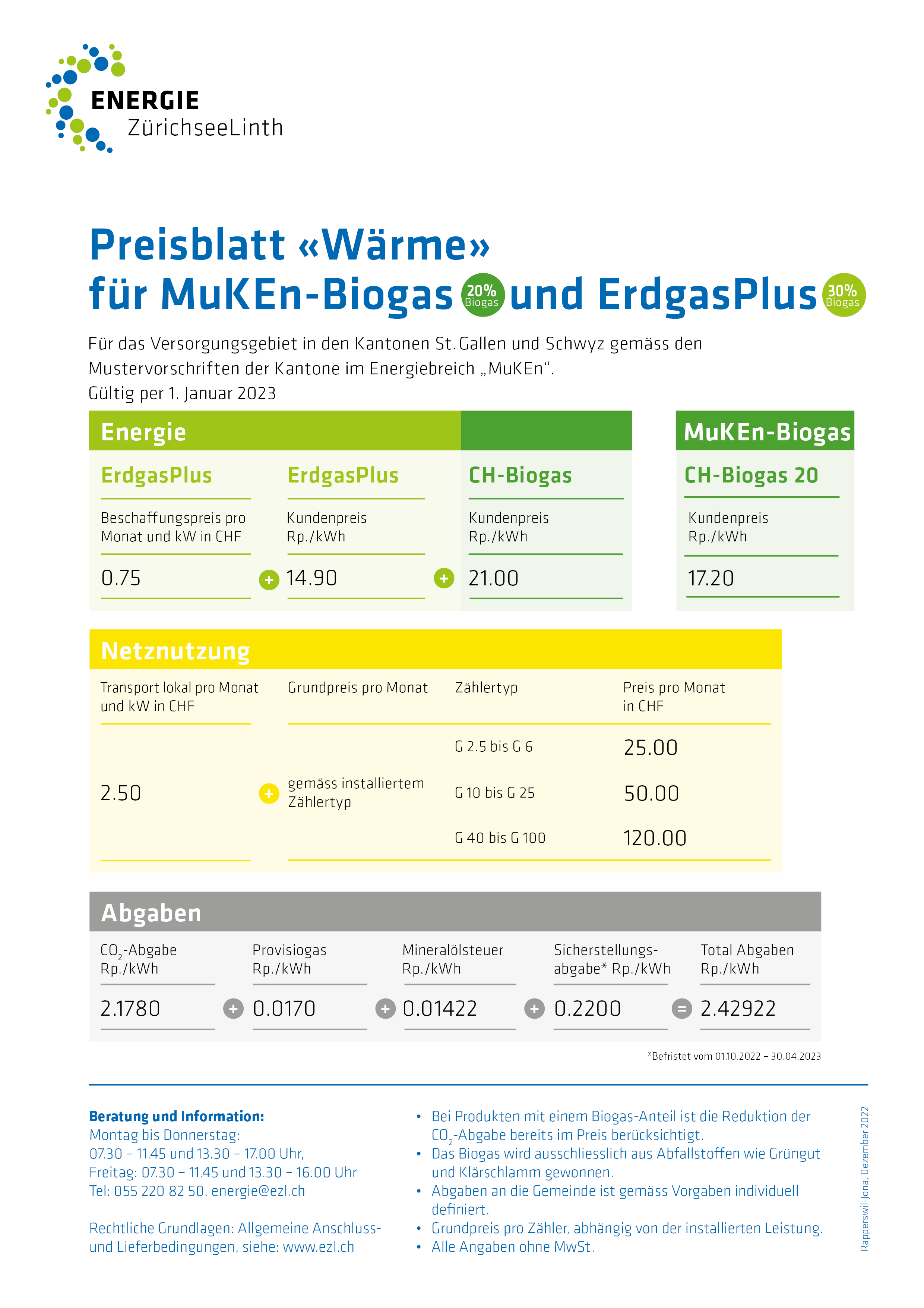 Preisblatt Wärme für CH Biogas und ErdgasPlus ab011022