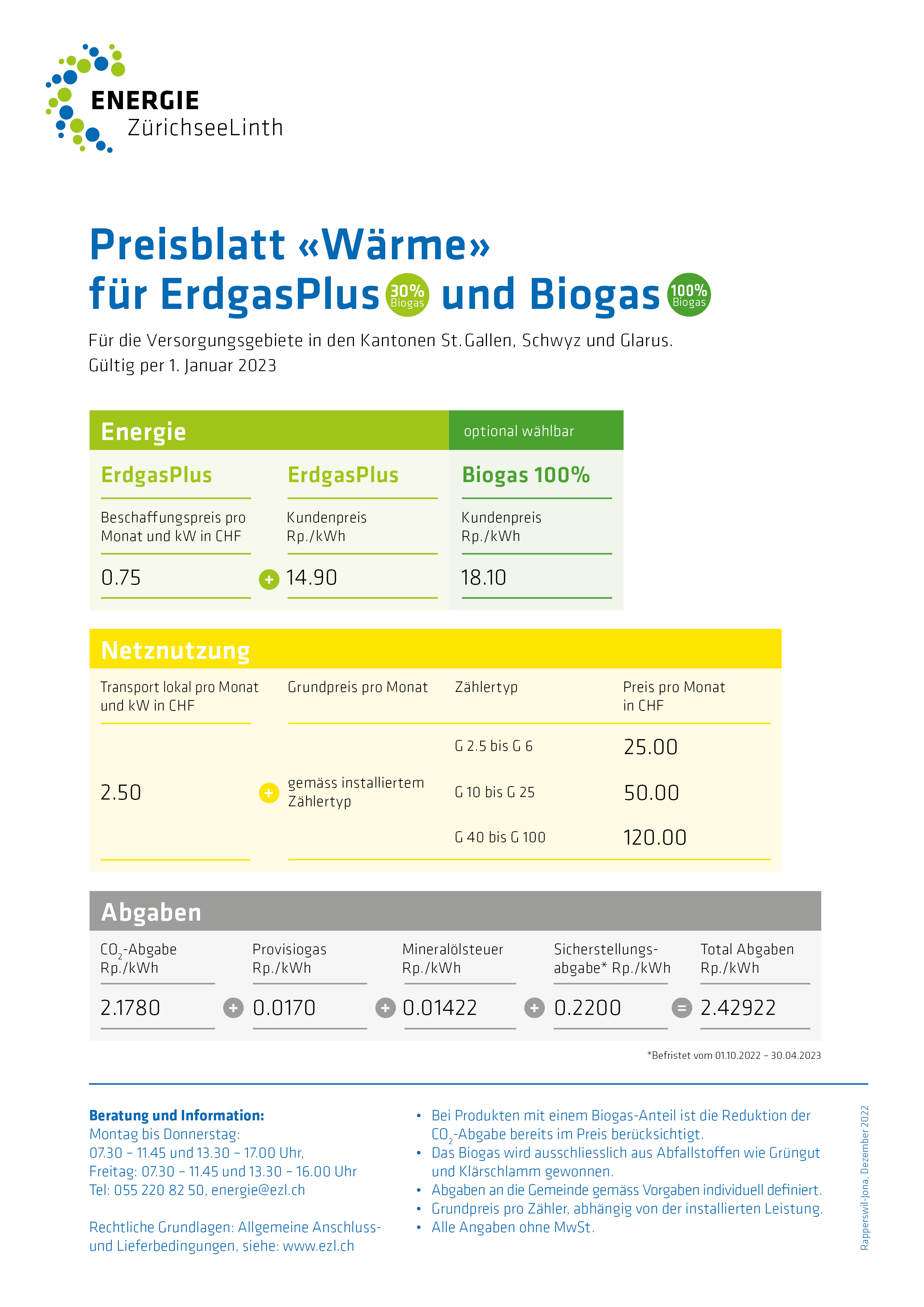 Preisblatt Waerme fuer ErdgasPlus und Biogas 
